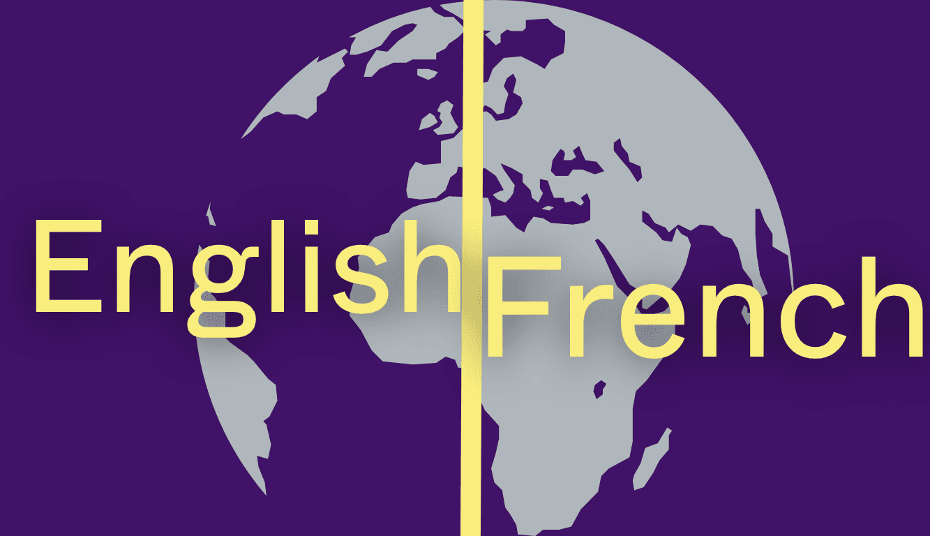 Graphic of a globe with English and French labels, representing bilingual communications